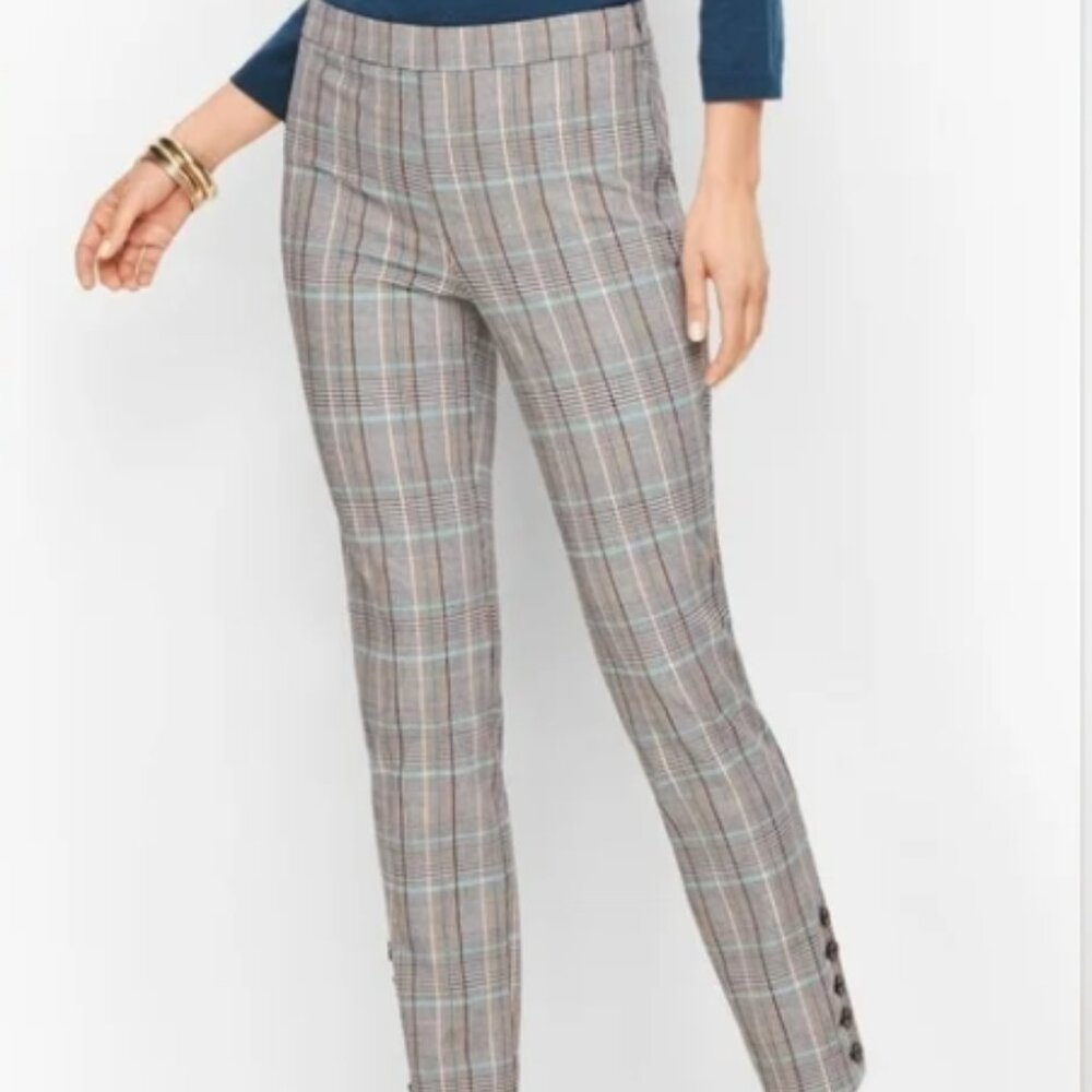 Talbots Size 6 Chatham Ankle Pants Black White Camel Teal Plaid Bi-Stretch